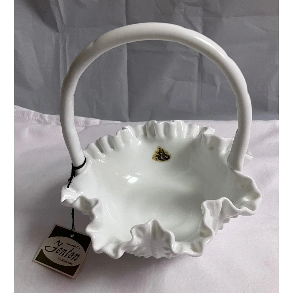 Authentic Mint Condition Vintage Fenton Milk Glass Hobnail Ruffled Basket w/Tags
